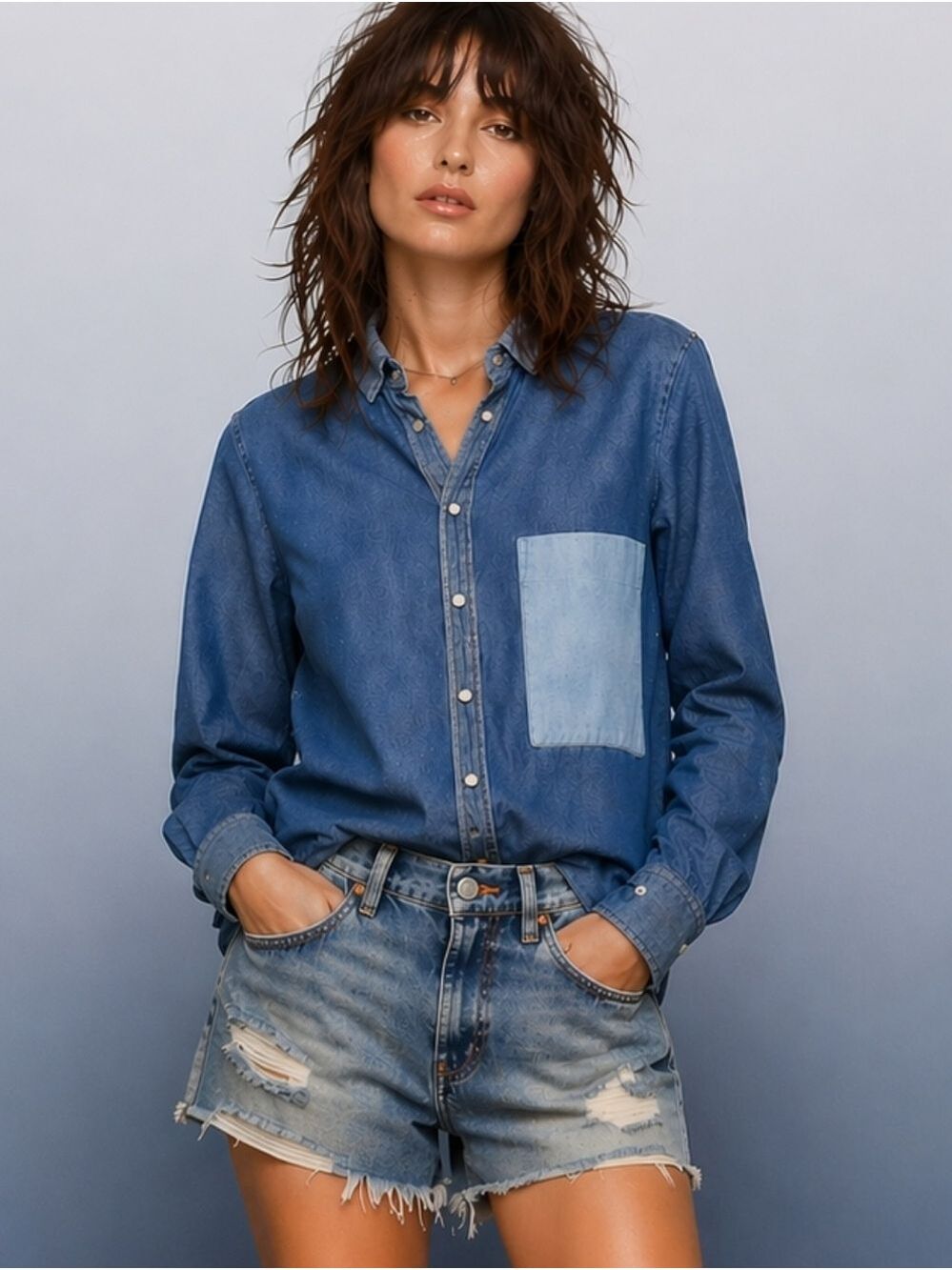 GOLDEN GOOSE DELUXE BRAND ITALIAN COLORBLOCK DENIM PEARL SNAP SHIRT SMALL